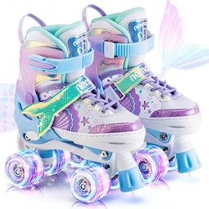 lot 7573 image: NEMONE Mermaid 4 Size Adjustable Light up Roller Skates for Girls, Blue Purple Skates for Toddlers, Beginner Kids Roller Skates Indoor Outdoor (Blue M)