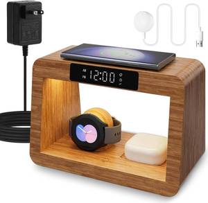 lot 7587 image: Bamboo Wireless Charging Station, 3 in 1 Charging Station with Light & Clock for Samsung & Android Phone, Wireless Phone Charger Station Only for Samsung Watch