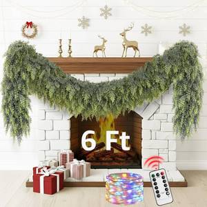 lot 7590 image: Cedar Christmas Garland with Lights for Mantle - Decorations 6 ft Realistic Lighted Faux Pine Garlands for Xmas Home Decoration Indoor Stairs Railing Fireplace Outdoor 6ft Prelit Garland Door Decor