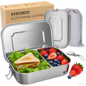 lot 7593 image: VITCOCO Stainless Steel Lunch Box, 40oz1200ml Metal Bento Box, Partitionable Stainless Steel Food Storage Container with Lockable Clip, Leak-proof, Dishwasher-Safe Snack Box for Travel, Work