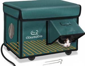 lot 7595 image: Indestructible Heated Cat House for Outside Cats Winter, 100% Weatherproof, Safe Escape Door, Insulated Outdoor Cat Shelter with Heater for Feral Barn Cat Kitty (Forest Green, 13x17x12.6)