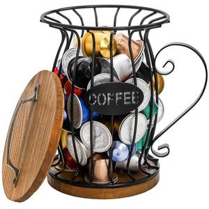 lot 7604 image: WRINGKIT Rustic Coffee Pod Holder with Lid, K Cup Pods Holder for Counter, Large Capacity Black Wire Coffee Pod Filter Storage Basket for Keuring Espresso Capsule, Wooden Base