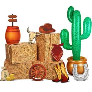 lot 7610 image: JellyArch 14 Pcs Western Cowboy Party Decorations Hay Bales Straw Boxes Cactus Inflatable Cowgirl Card Hat Horseshoe for Western Birthday Theme Party(Classic,Earthy Yellow)