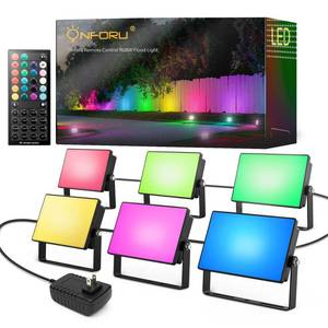 lot 7619 image: Onforu RGBW Flood Lights Outdoor Remote Control, Color Changing LED Landscape Lights, IP65 Waterproof Uplights for Events, Uplighting for Halloween Christmas Garden Yard Party, Wired 6 Pack 60W (Used)