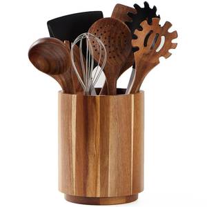 lot 7622 image: LOHONER Acacia Wood Utensil Holder for Kitchen Counter, 360° Rotating 7.2 Wooden Cooking Utensil Crock for Countertop, Farmhouse Kitchen Decor