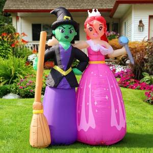 lot 7623 image: 6FT Halloween Inflatable Witch Sisters with Magic Wand and Broom, Holiday Outdoor Blow Up Decorations Built-in LEDs for Halloween Party Supplies, Yard Indoor Garden Lawn Patio