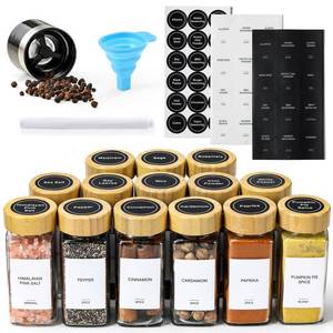 lot 7624 image: AOZITA 14 Pcs Spice Jars with Bamboo Lids - 4oz Square Spice Bottles with Spice Labels, Shaker Lids, Funnel (Broken)