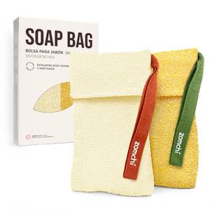 lot 8144 image: ZOMCHI Bar Soap Saver Bag with Different Roughness, Exfoliating Soap Bag, Soap Pouch for Body Wash (2 Pieces, Yellow)