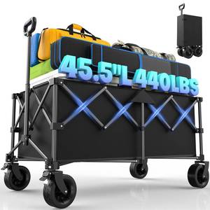 lot 9730 image: 45.5 L Kitsure Collapsible Wagon - Heavy Duty Foldable Wagon with 440lbs Capacity, Adjustable Handle, Shopping Cart with Wheels for Camping, Groceries, Black, 45.5 x 24.0 x 38.0