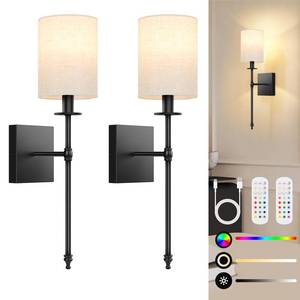 lot 9732 image: 19.9 Inch Black Battery Operated Wall Sconces Set of 2, Rechargeable Wireless Wall Lights with Remote & White Fabric Shade, Indoor Not Hardwired Dimmable Wall Lamps for Living Room, 2 Bulbs Included