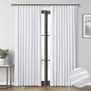 lot 9745 image: White Linen 100% Blackout Curtains for Bedroom 84 Inch Length 2 Panels Set Back Tab Pocket Neutral Farmhouse Living Room Darkening Curtain Track System Thermal Insulated Black Out Drapes 52x84