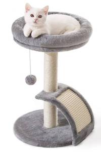 lot 9759 image: Goozii Small Cat Tree Tower with Scratching Post, Modern Kitten Tower for Indoor Cats, Short Carpet Sisal Cat Scratcher Stand with Large Bed Perch, Scratch Ramp, Toy Ball for Kitty Play (Grey)