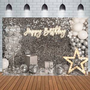 lot 10209 image: Aperturee 7x5ft Silver Shimmer Wall Happy Birthday Backdrop Shining Sequins hite Balloons Star Light Disco Background Sweet 16 18th 21st 30th 40th 50th Party Decorations Prom Party Decor