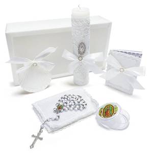 lot 10224 image: Baptism Candle Set for Boys Girls,White 5 PCS Baptism Kit Catholic Candle,Baptismal Towel,Baptismal Shell,Rosary andBible for Baby Dedication Christening Gift,Velas para Bautizo Ni�o