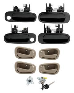 lot 10250 image: Door Handle Kit, w Lock Cylinders & Keys, Compatible with 1998-2002 Toyota Corolla & Chevy Prizm, Interior & Exterior Front & Rear Left Driver & Right Passenger Side, OE# 77563, 80423, 79501, DL166