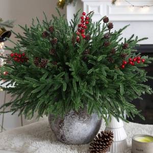 lot 11828 image: Artificial Christmas Norfolk Pine Stems Branches for Vases,17 Bundles Faux Pine Branches with Pinecones and Red Berries Branches,Fake Greenery Evergreen Real Touch for Holiday Winter Table Xmas D�cor