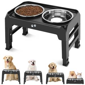 lot 11842 image: COMESOON Elevated Dog Bowls, 4 Height Adjustable Raised Bowl Stand with 2 Thick 50oz Stainless Steel Food Bowls Non-Slip Feeder Adjusts to 3.7, 9.2, 10.75, 12.36 Black, (DB-W01)