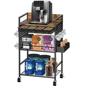 lot 11847 image: Compact Coffee Bar Cabinet with Power Outlet, Lockable Wheels, and Storage Drawer - Rustic Brown & Black for Office, Living Room, or Small Spaces