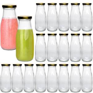 lot 11860 image: QAPPDA 12 oz Glass Bottles, Clear Glass Milk Bottles with Gold Metal Lids, Vintage Breakfast Shake Clear Container, Vintage Drinking Bottle with Whiteboard Labels and Pen for Party,Kids,Set of 20