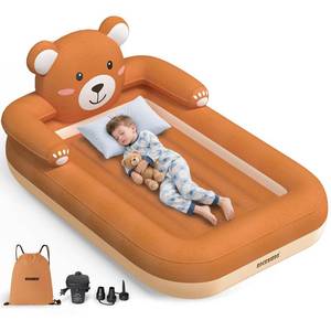 lot 11864 image: ROCKBIRDS Inflating Toddler Travel Bed with Pump - 30-Second Setup, Portable Foldable Baby Mattress with Safety Rails for Hotel, Home, Camping & Sleepovers