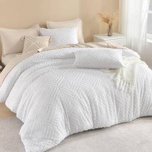 lot 11878 image: Litanika Oversized King Comforter Set White, 3 Pieces Tufted Boho Farmhouse Bedding Comforter Set, Lightweight Fluffy All Season Comforter Set (120x98In Comforter & 2 Pillowcases)