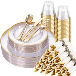 lot 11888 image: SUT 175 Pcs Gold and Clear Plastic Dinnerware Set for 25 Guests, Include 25 Dinner Plates, 25 Dessert Plates, 25 Pre Rolled Napkins With Silverware, 25 Cups, Disposable Plates for Party, Wedding