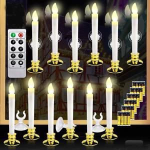 lot 11894 image: 12 Set Halloween Christmas Window Candles Lights with Timer Battery Operated Electric LED Taper Candles Flameless for Windows, Gold Candle Holders, Suction Cups & 24 PCS Battery Included (12 Set)