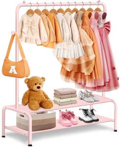 lot 11895 image: mirolam Kids Clothing Rack - Dress Up Storage - Dress Up Rack for Little Girls - Small Kids Costume Wardrobe with 2 Fabric Shelves - Princess Room Bedroom Decor