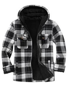 lot 11897 image: Ephemoca Mens Plaid Flannel Shirt Jacket, Long Sleeve Soft Warm SherpaFleece Lined Jacket with Hood Black 3X-Large