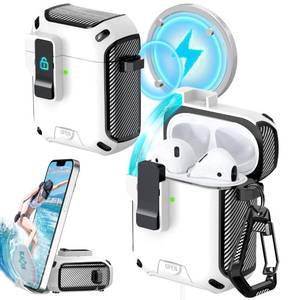 lot 12436 image: RFUNGUANGO for Airpods 2nd and 1st Generation Cases, Compatible with MagSafe, Drop Protection Case with Stand Function with Cleaning Tool, Full Body Shockproof Hard Case -A-BlackWhite