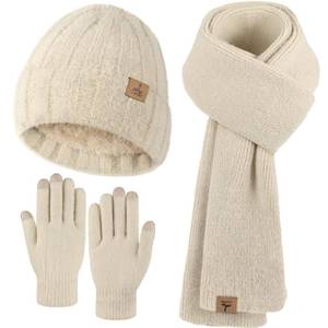 lot 12439 image: Oatmeal Winter Beanie Hat Scarf Gloves, Warm Fleece Knit Hat Long Scarf Neck Warmer Touch Screen Winter Gloves Set