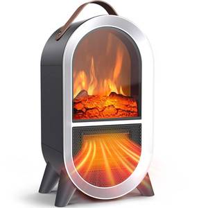 lot 13412 image: Riseon Portable Electric Fireplace Heater, 1500W750W Mini Space Heater for Indoor Use with 3D Flame, Thermostat, Carry Handle, Overheat & Tipover Protection, for Home Office Bedroom Desk, Black