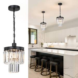 lot 13426 image: KLKLCH Small Chandelier Light Fixture, Black Crystal Pendant Light, 2 Tiered 8 Modern Mini Hanging Lights, Vintage Chandeliers for Bedroom Dining Room Kitchen Island Entryway Living Room Foyer