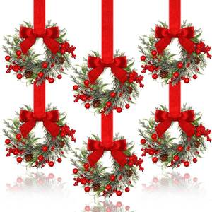 lot 13433 image: Dingion 6 Pcs 6 Christmas Mini Cabinet Wreaths for Kitchen with Ribbon Bows Red Berry Small Window Wreath for Window Door Farmhouse Christmas Party Decorations (Stylish Style)