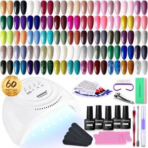 lot 13435 image: JODSONE 60 PCS Gel Nail Polish Starter Kit With U V Light 55 Kinds Of Color Glitter Gel Polish No Wipe Base And Glossy Matte Top Coat Easy To Apply (missing some polish)