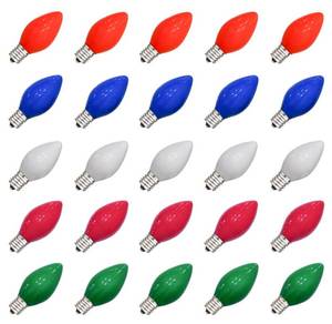 lot 14419 image: SUNSGNE 25 Pack C7 Multicolor Christmas Replacement Bulbs, Vintage Multicolor Ceramic Light Bulbs for C7 Christmas String Lights, E12C7 Candelabra Base, 5 Watt