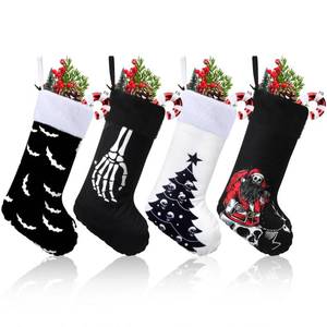 lot 14423 image: Realspring 4 Pcs Black Christmas Stockings Black and White Goth Christmas Stockings with Plush Cuff Classic Fireplace Hanging Ornament Family Holiday Party Decoration