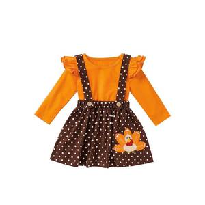 lot 14433 image: USKIDKK Kids Baby Girl Thanksgiving Outfit Ruffle Sleeve Shirt Blouse Turkey Suspender Skirts Dresses for Toddler Girls (4-5T, Yellow)