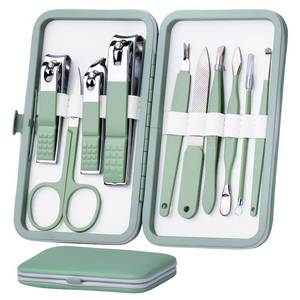 lot 14441 image: HANTEKAS Manicure Set 10 in 1 Stainless Steel, Nail Clippers Scissors Pedicure Tools Kit - Portable Travel Grooming Kit for Men and Women with Leather Case (Jade Green)