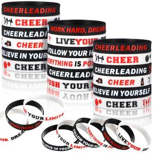 lot 14443 image: Cunno 72 Pcs Cheer Bracelets Bulk Cheerleader Gifts Bulk for Team Inspirational Silicone Wristband for Women Team Stuff Jewelry Accessories(Red)