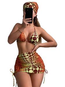 lot 14454 image: COZYEASE Womens 4 Piece Swimsuits Sexy Bikini Sets Triangle Bathing Suit with Mesh Cover Up Beach Skirt & Bandana Multicolor M