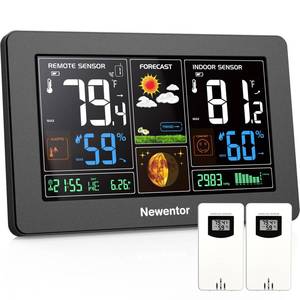 lot 15687 image: Newentor Weather Station Wireless Indoor Outdoor Thermometer, Color Display Digital Weather Thermometer with Atomic Clock, Barometric Pressure, Forecast Station with Adjustable Backlight,Black,2Sensor