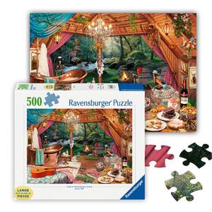 lot 15697 image: Ravensburger - Cozy Glamping - 500 Piece Large Format Jigsaw Puzzle - Quaint, Inviting Image of The River from a Rustic Cabin - Frameable - Premium Quality - Puzzles for Adults
