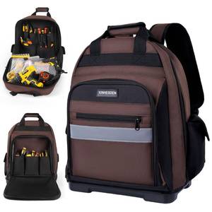 lot 15699 image: XINHESDEN Tool Bag Backpack, Heavy Duty Tool Backpack Bag with Waterproof Molded Base, Electrician Work Pack for Hand Tools, Multi Pockets Tool Storage Organizer for Contractor, HVAC Techs, Brown