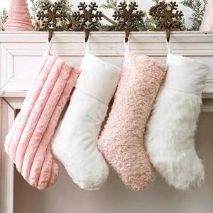 lot 16187 image: Pink Personalized Christmas Stockings, 4 Pcs 18 Inch Lovely Thick Plush Faux Fur Soft Stocking with 4 Pink & White Styles, Cozy Merry Christmas Home Decor Xmas Party Christmas Decorations Winter Gifts