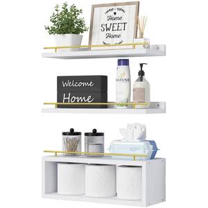 lot 19876 image: WOPITUES Floating Shelves for Wall with Cube Shelf, Wall Shelves with Metal Rail for Decor, Bathroom Organizers and Storage, Over Toilet Shelves for Bathroom, Toilet Paper-White&Gold