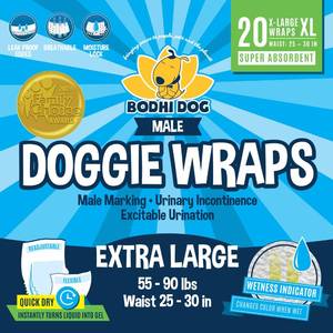 lot 19888 image: Bodhi Dog Disposable Male Dog Diapers - Super Absorbent, Leak-Proof Pee Wraps - Adjustable Fit, Comfortable Design, Advanced Moisture Control, and Wetness Indicator - Extra Large (20 Count)