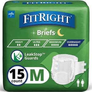 lot 19889 image: Medline MTB80300Z Extended Wear Overnight Adult Brief with Tabs, Maximum Absorbency, Medium, Pack of 15