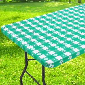 lot 20096 image: Spotjoy Rectangle Vinyl Table Cloth, Waterproof Elastic Fitted Tablecloth with Flannel Backing, Plastic Table Cover for Picnic, Camping, Outdoor (White & Green, 30x72)