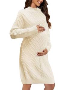 lot 20099 image: Saodimallsu Womens Maternity Sweater Dress Cable Knit Sexy Bodycon Crew Neck Long Sleeve Fall Mini Sweaters Dresses Beige
